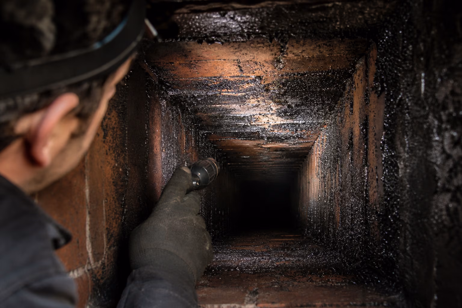 Vue rapprochée de l&#39;intérieur d&#39;un conduit de cheminée en briquette rouge fortement encrassé par un dépôt de bistre noir et luisant, lampe d&#39;inspection d&#39;un ramoneur éclairant la paroi