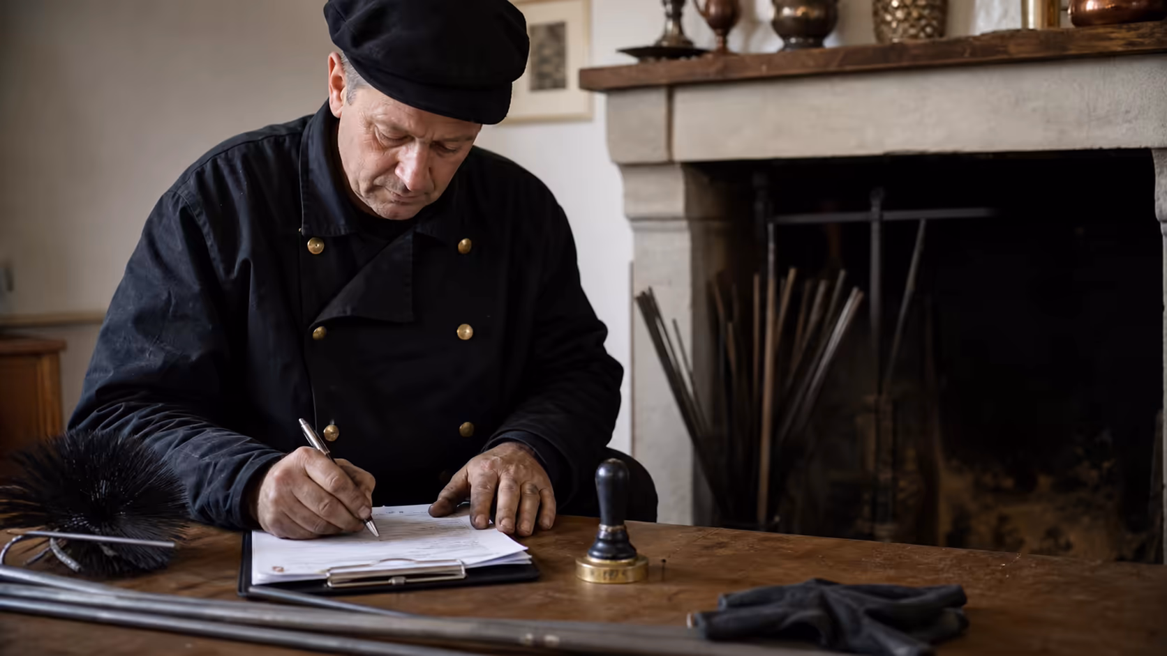 Main d'un technicien ramoneur en uniforme noir signant un certificat de ramonage avec un stylo, le tampon professionnel posé à côté sur une table