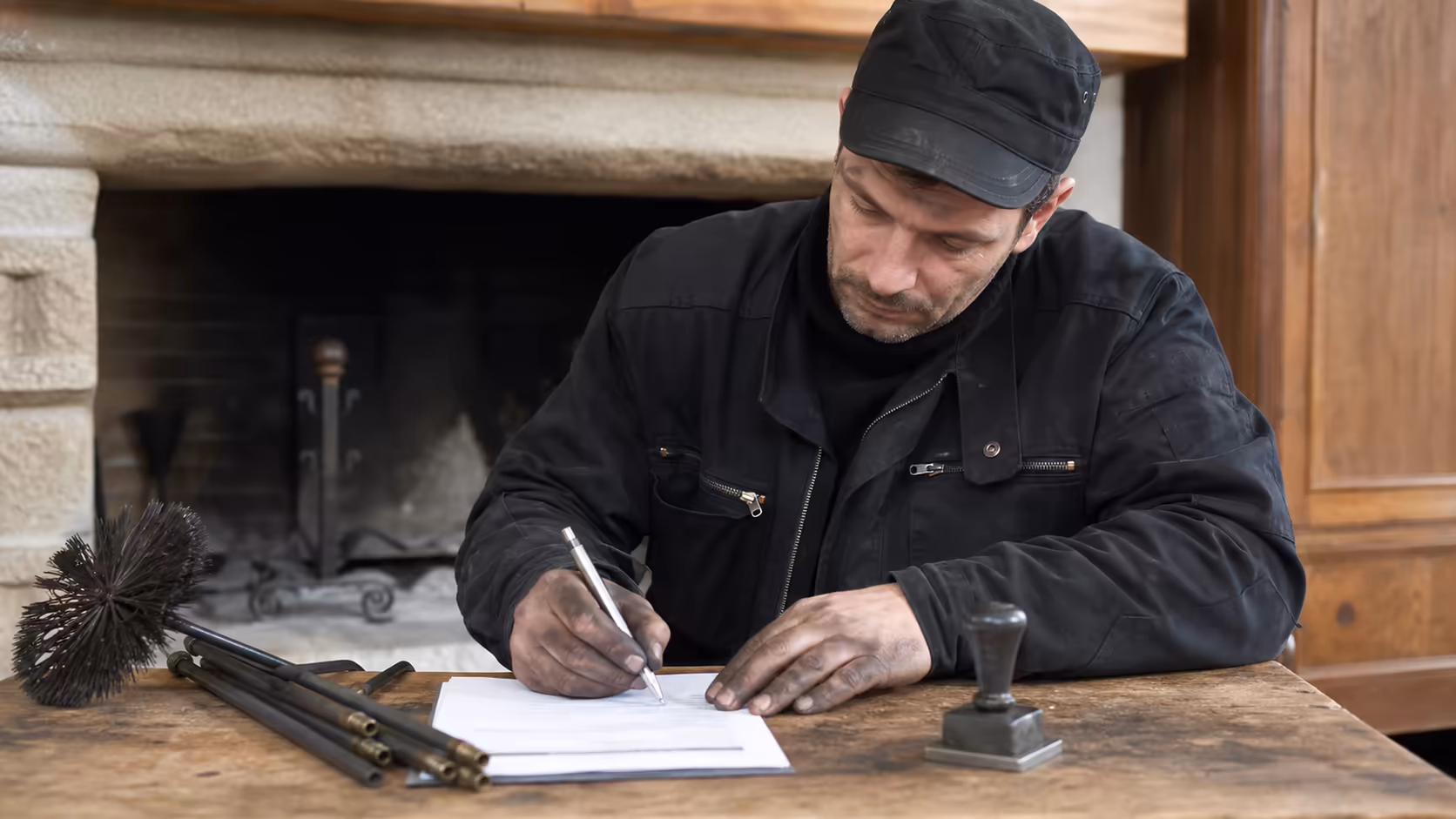 Gros plan sur un certificat de ramonage papier posé sur une table en bois à côté d&#39;un contrat d&#39;assurance habitation surligné au stabilo jaune, lumière naturelle d&#39;un matin d&#39;automne
