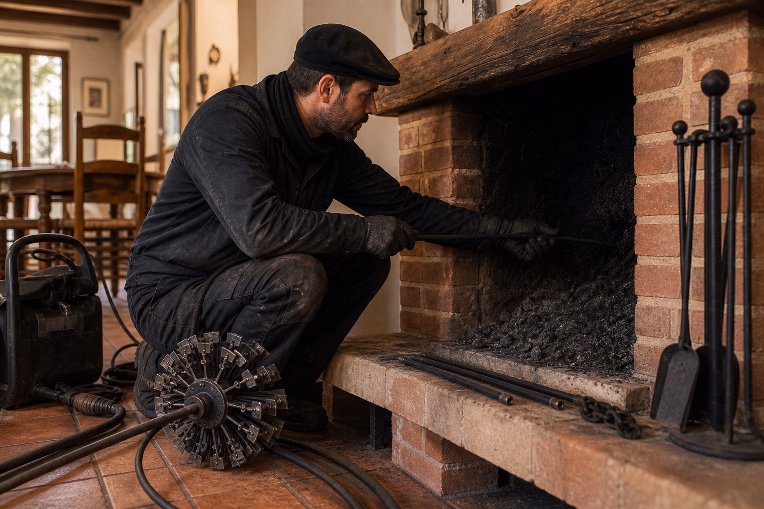 Technicien ramoneur en intervention sur un conduit de cheminée en briquette rouge d&#39;une maison toulousaine, débistreuse rotative posée au sol