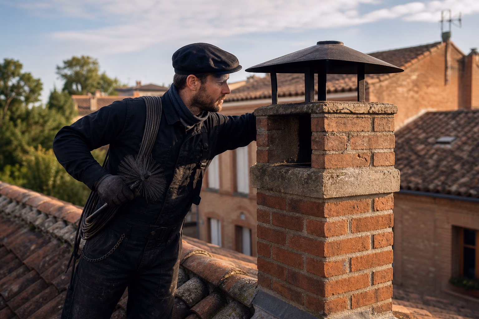 Un ramoneur en tenue de travail inspecte le conduit de fumée d&#39;une maison en briquette rouge typique du Toulousain, hérisson de ramonage à la main