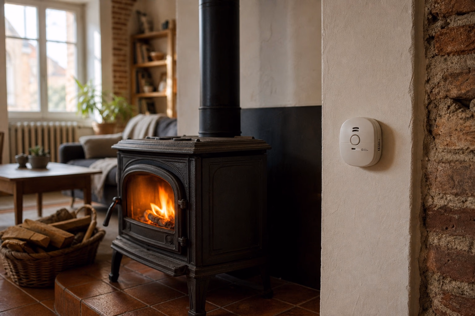 Un poêle à bois en fonte allumé dans un salon de maison toulousaine, avec un détecteur de monoxyde de carbone fixé au mur à proximité
