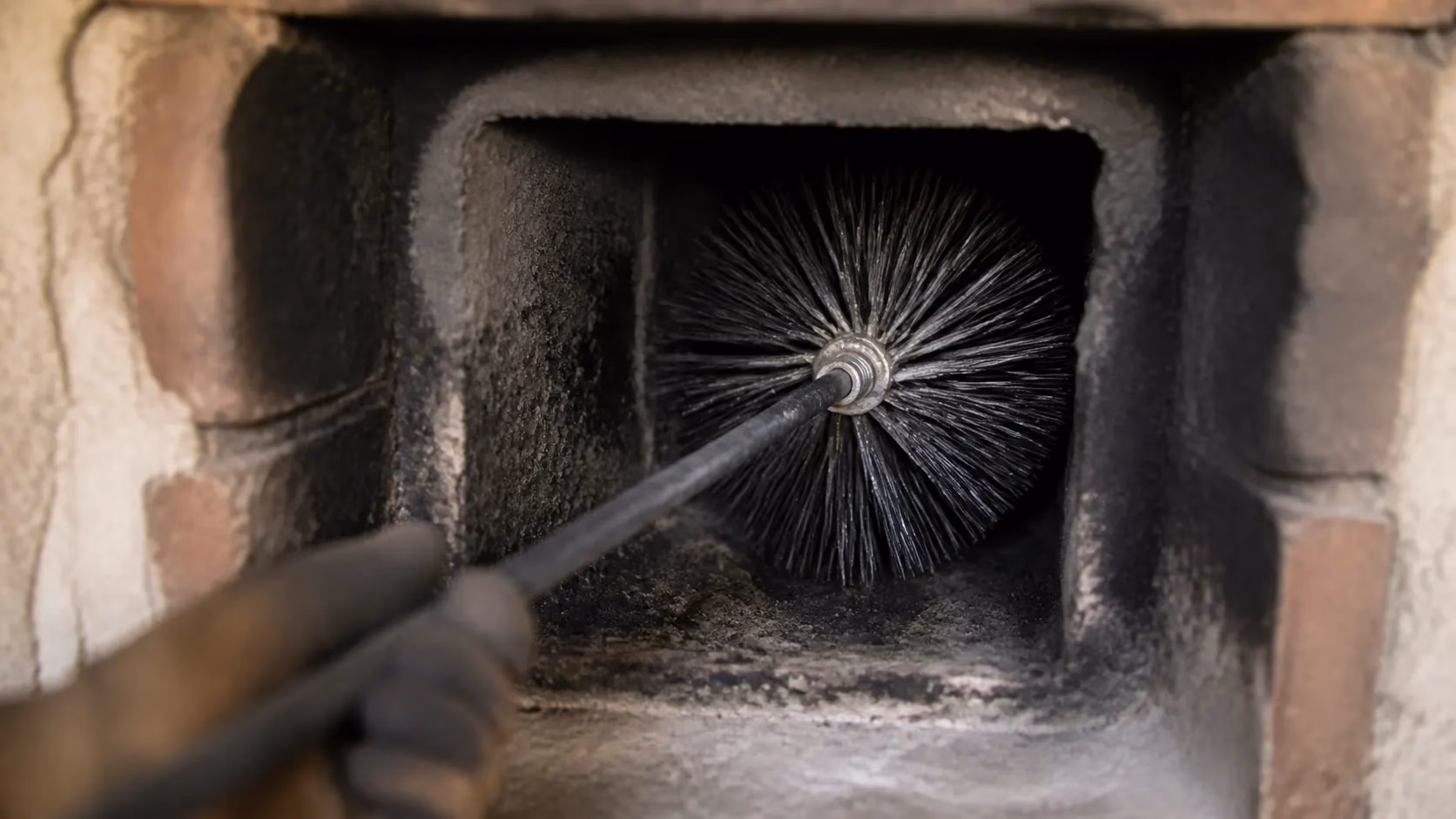 Gros plan sur un hérisson de ramonage métallique introduit dans un conduit de fumée, dépôts de suie noire visibles sur les parois