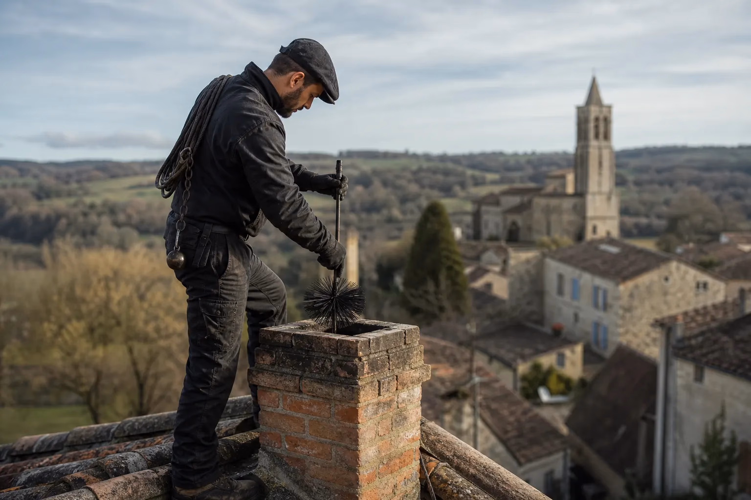 Un ramoneur en tenue de travail intervient sur le toit d&#39;une maison gersoise en pierre près d&#39;Auch, hérisson de ramonage à la main, conduit de fumée en briquette visible