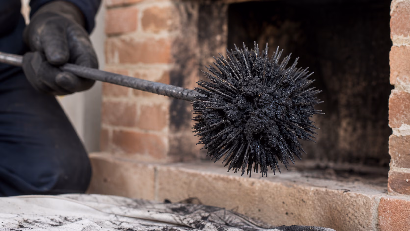 Gros plan sur la tête d'un hérisson de ramonage couverte de suie noire, sortie d'un conduit de cheminée en briquette