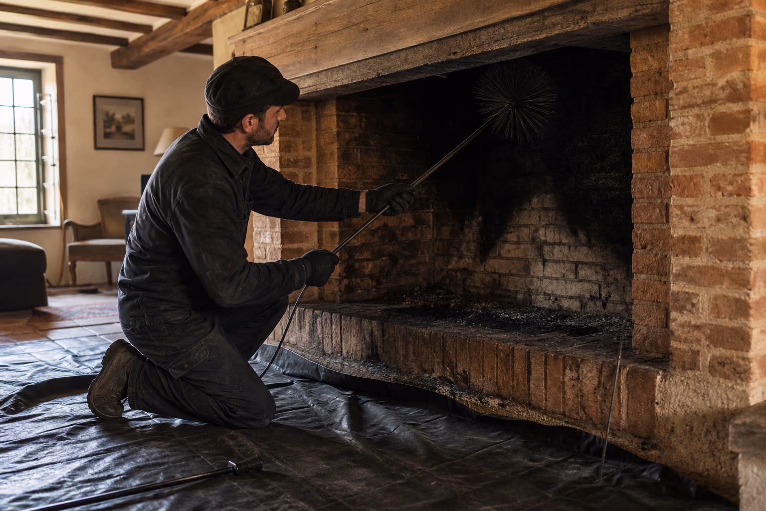 Un ramoneur en tenue de travail nettoie au hérisson le conduit d&#39;une grande cheminée à foyer ouvert en briquette rouge dans un séjour de maison gersoise, bâche de protection posée au sol