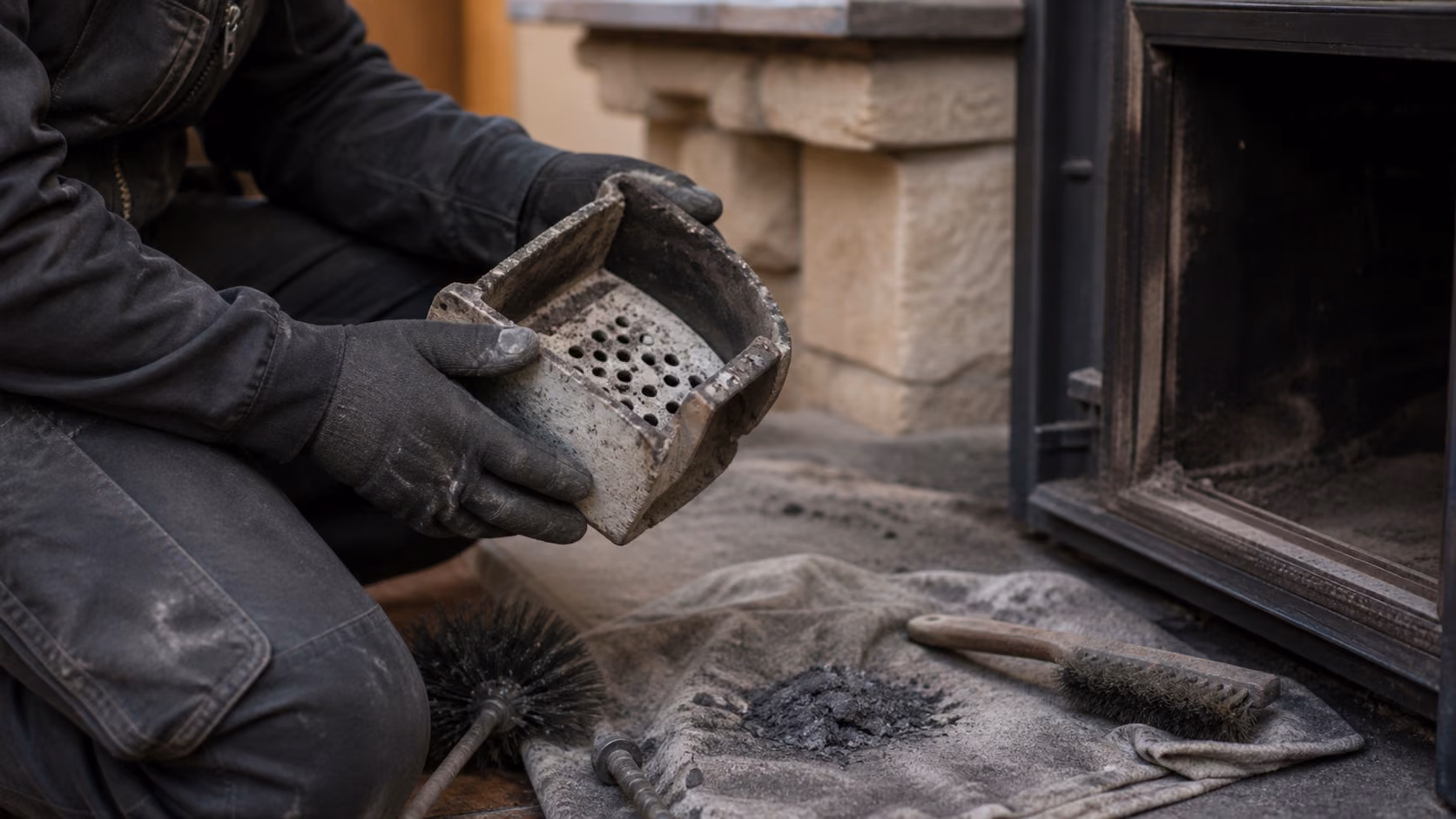 Gros plan sur un creuset de poêle à granulés démonté et nettoyé, brosse métallique et cendres fines visibles