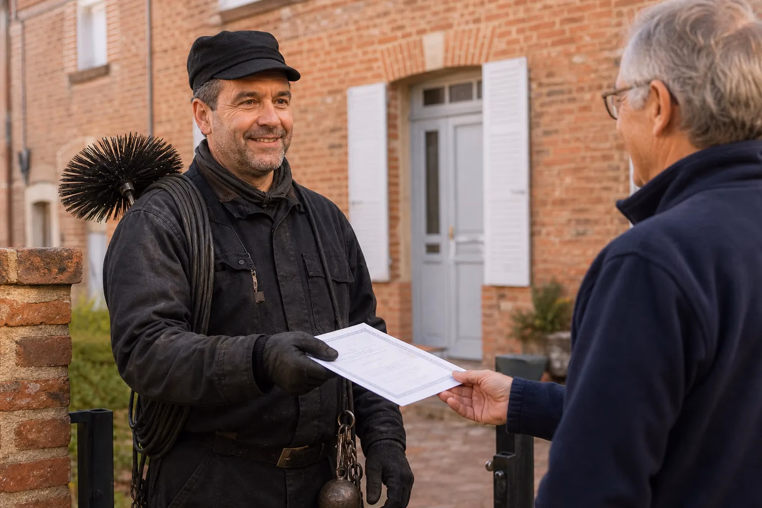 Un ramoneur en tenue de travail présente un certificat de ramonage à un propriétaire devant une maison en briquette rouge typique de Montauban