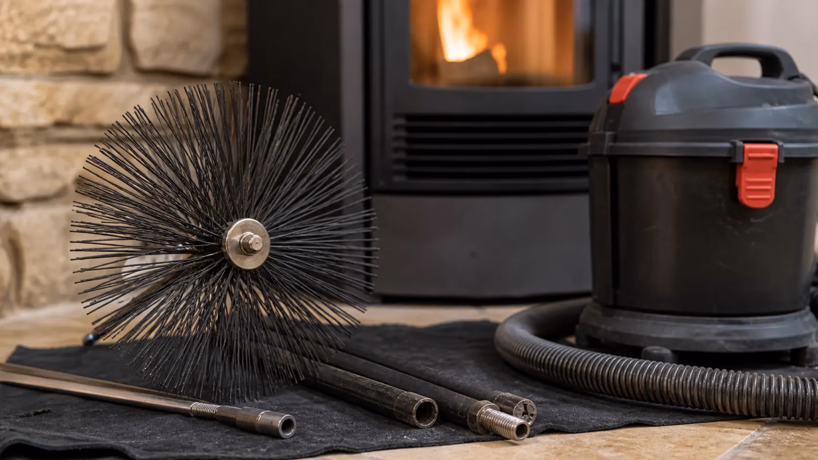 Gros plan sur un hérisson de ramonage métallique et un aspirateur à filtre HEPA posés près d'un poêle à granulés