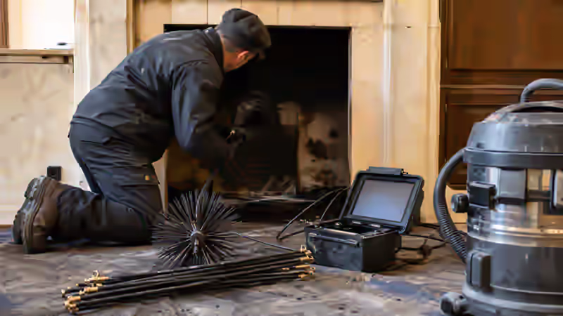 Plan rapproché de matériel de ramonage professionnel posé sur une bâche de protection : hérisson en acier, cannes de fibre, aspirateur HEPA et boîtier d'inspection caméra
