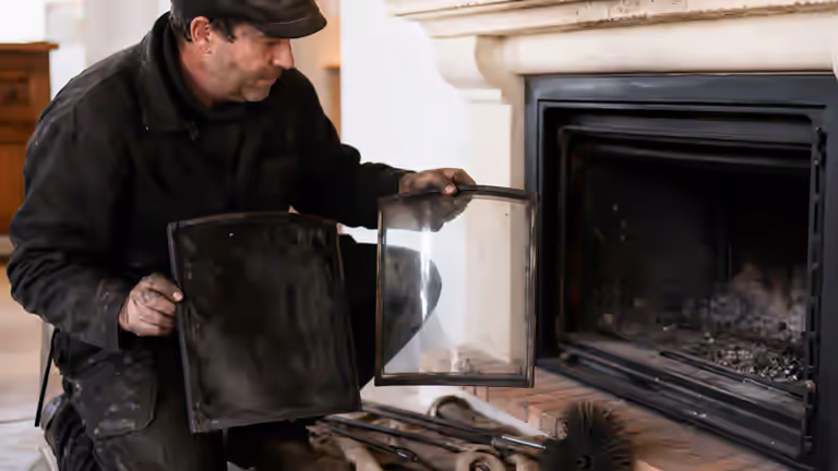 Détail d'une vitre de poêle à bois fortement noircie, comparée à une vitre propre d'un appareil bien entretenu