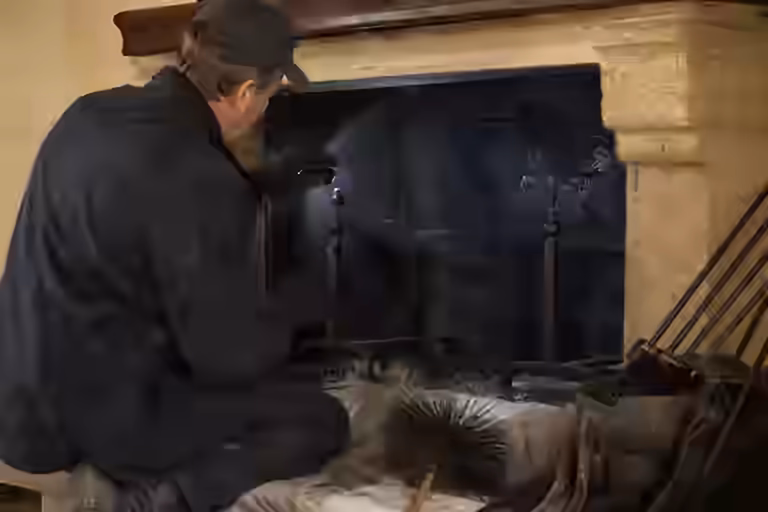Vue rapprochée de l&#39;intérieur d&#39;un conduit de fumée tapissé de bistre noir luisant, lampe d&#39;inspection éclairant la paroi craquelée par la chaleur